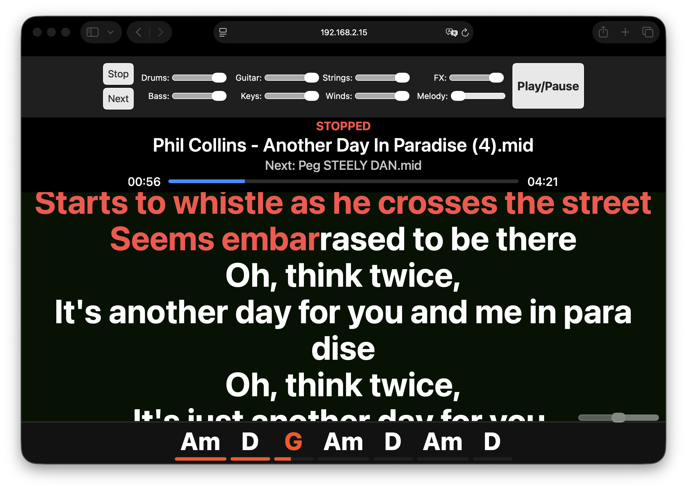 Merik lyrics viewer with remote controls and chords
